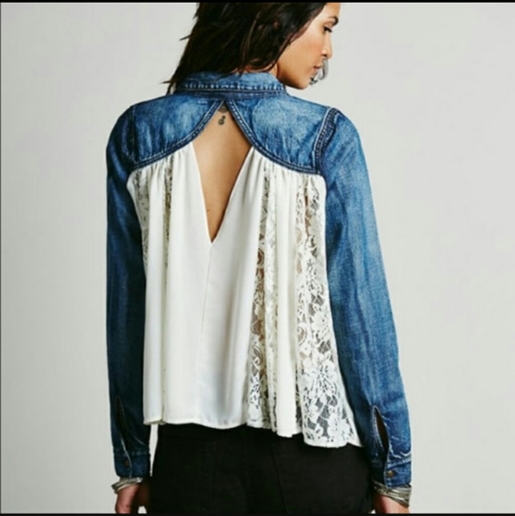 Free People Ivory Sheer Chiffon Lace Denim Blouse - Picture 2 of 8